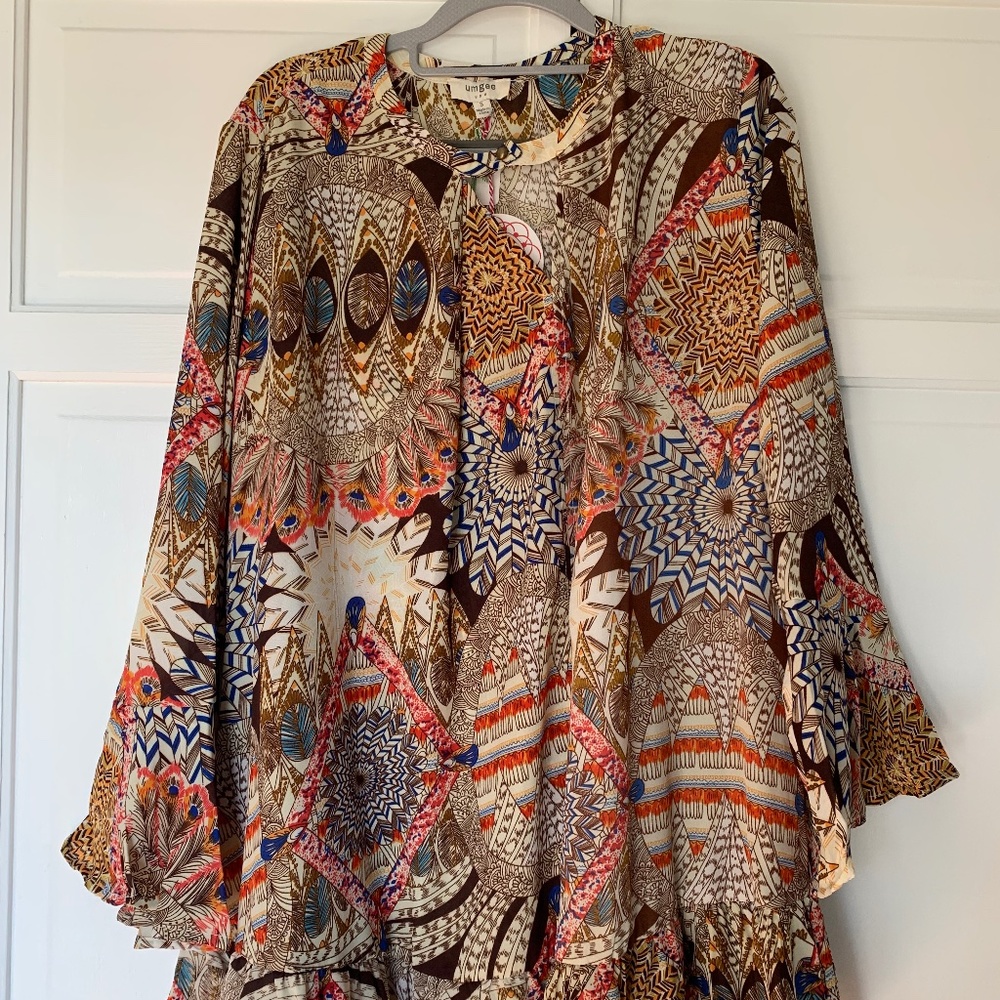 Boho‎ style flutter dress- Women's small, flirty feathered print